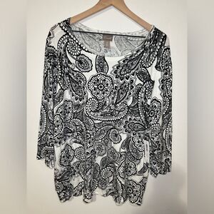 Chico’s Line Paisley Boat Neck SZ 4 Pullover 3/4 Sleeve Color BlK/Wht